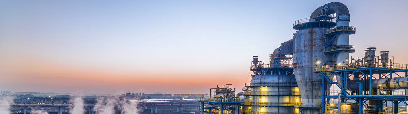 Aerial view of a power generation plant during sunset