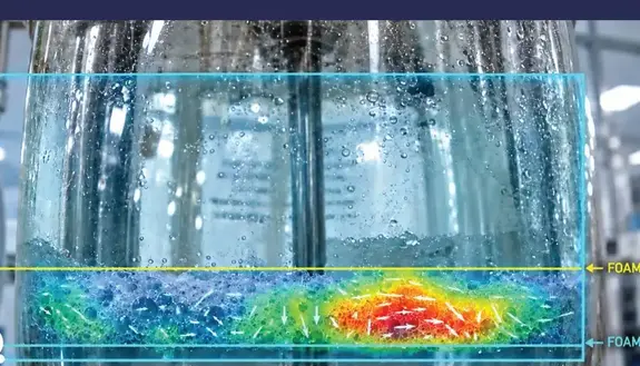 VisionAI foam detection measures foam and liquid levels frame by frame from a live camera feed.