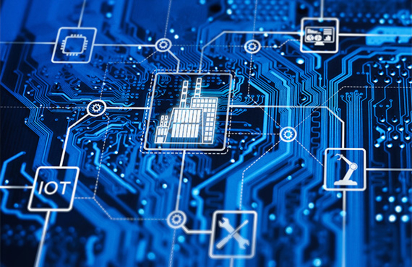 A blueprint of a modern manufacturing plant displaying industrial control systems (ICS).