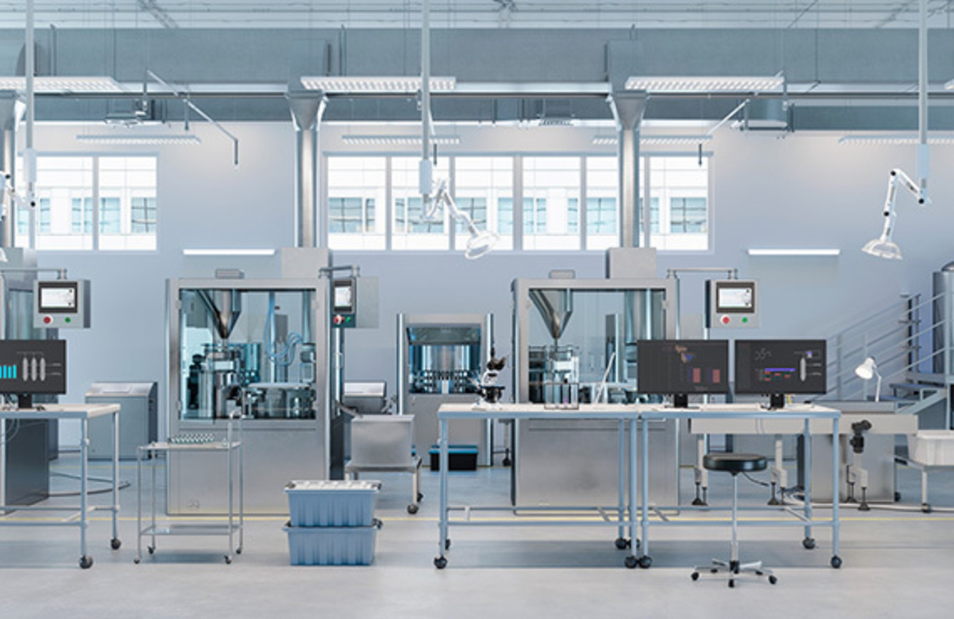 An expansive industrial room dedicated to pharma manufacturing, featuring advanced machines and equipment.