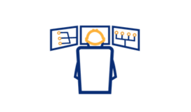 Icon of a person at a control station with multiple monitors