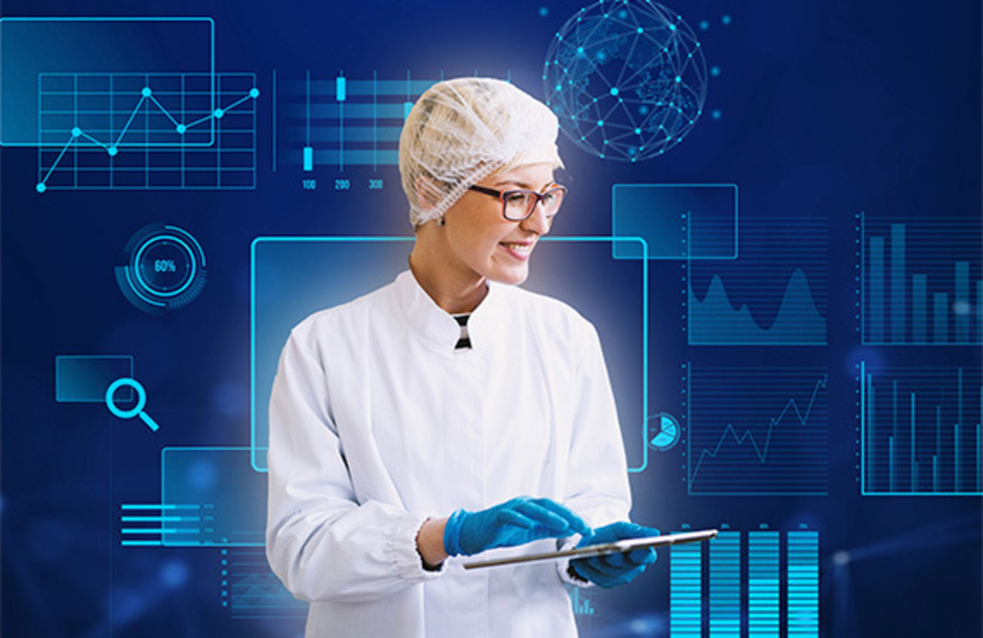 A pharmaceutical employee with tablet and MMS system setting background.