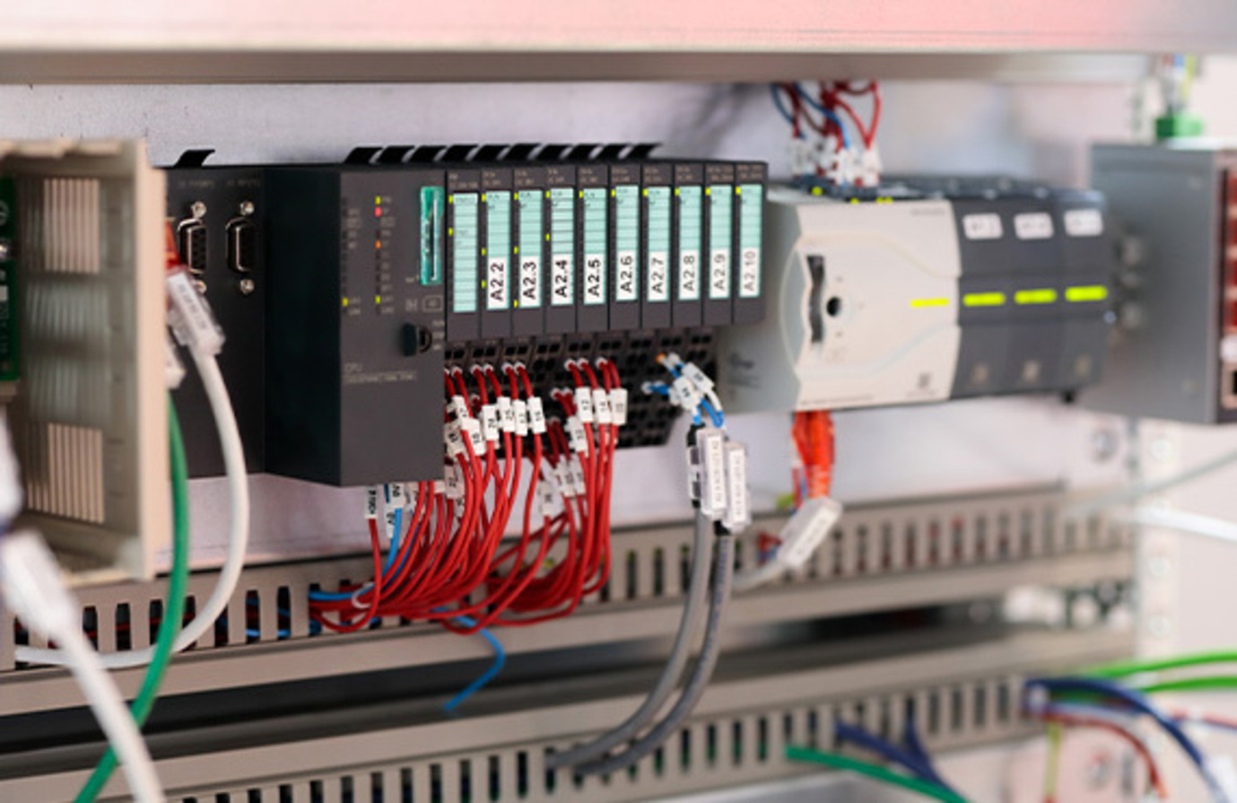 Industrial PLC based automation system in a rack.