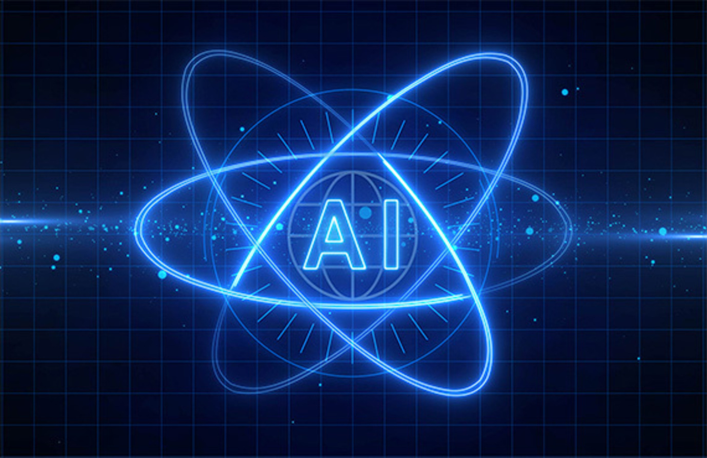 Graphic displays AI letters surrounded by nuclear energy atomic circles and floating particles