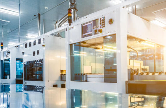 A modern industrial facility with automated machinery.