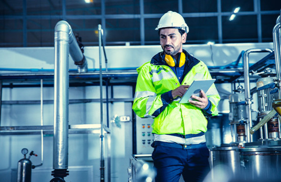 A man in an industrial facility, holding a clipboard.