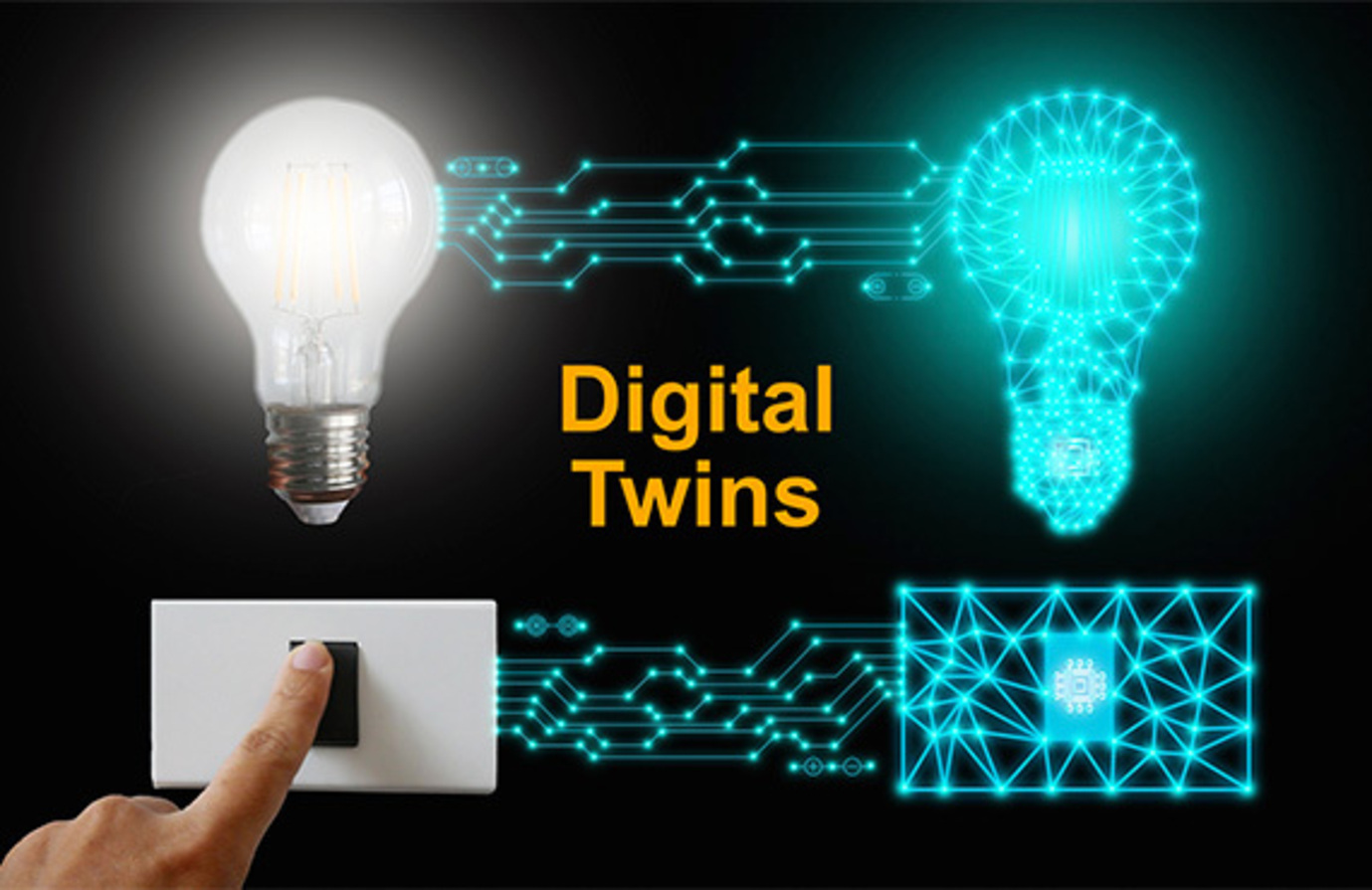 Digital twin software concept illustrated by a light bulb and its mirrored body, symbolizing real-time monitoring and control.