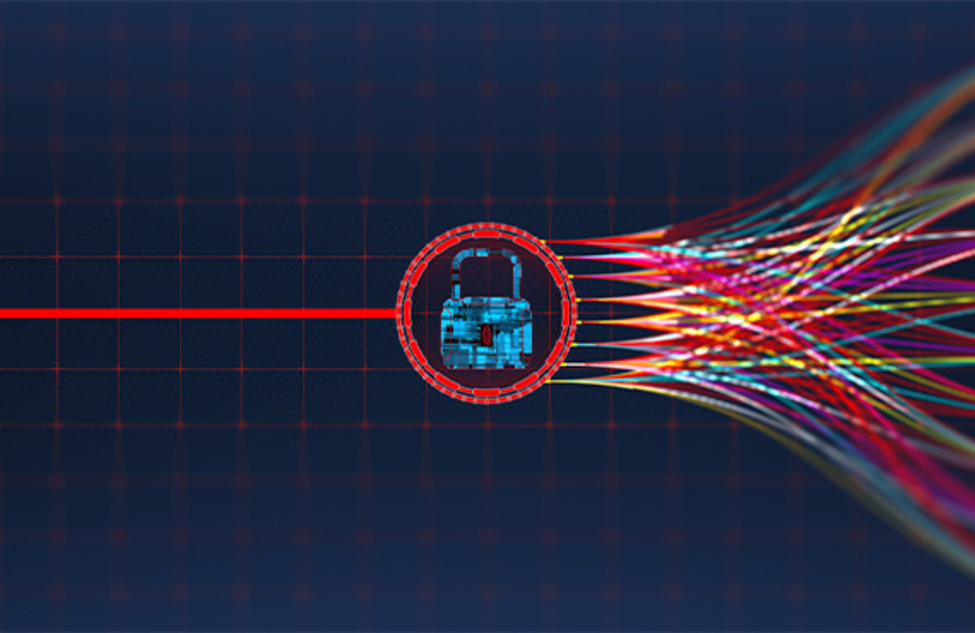 Red dot and colored lines on computer screen, illustrating cybersecurity and process automation control systems.