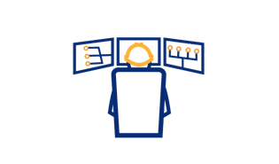 Icon of a person at a control station with multiple monitors