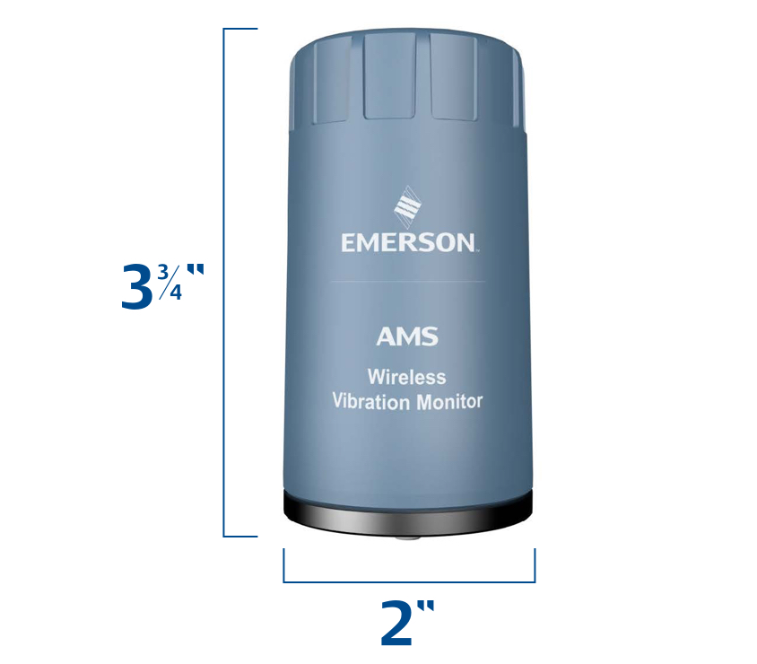 Small Footprint, Big Benefit Image shows the Emerson AMS Wireless Vibration Monitor