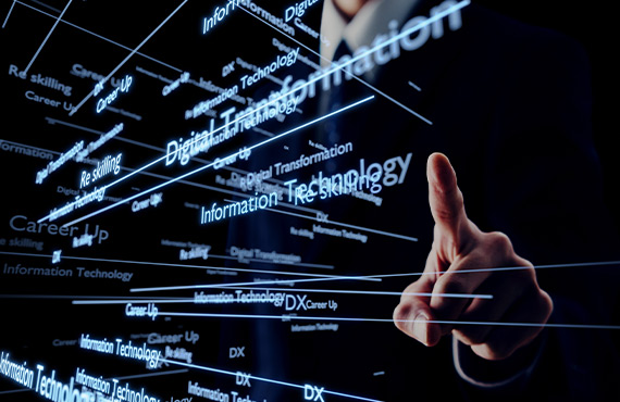 An image depicting a businessperson embracing the concept of futuristic technology, symbolizing digital transformation.