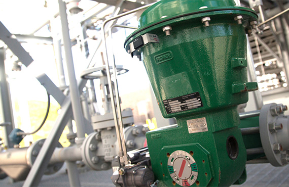 Close-up of a Fisher™ Vee-Ball™ V200 Control Valve, showcasing its intricate design and functionality in safety control systems.