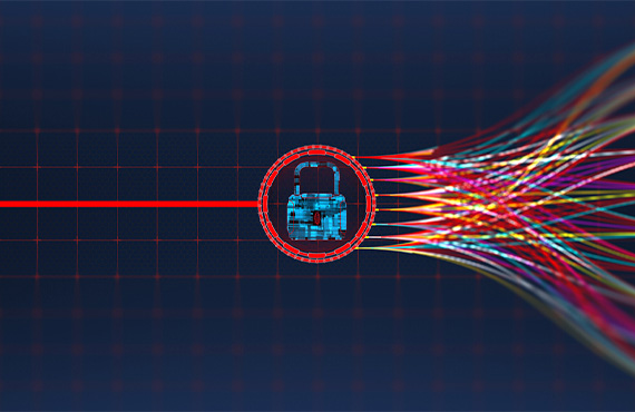 Red dot and colored lines on computer screen, illustrating cybersecurity and process automation control systems.