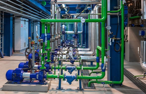 Steam boiler water pumps operated by industrial control systems.