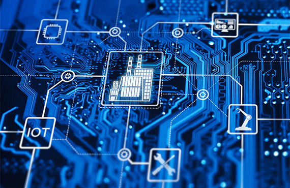A blueprint of a modern manufacturing plant displaying industrial control systems (ICS).