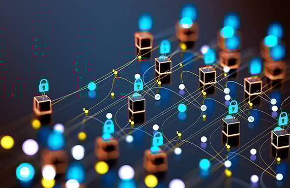 A network of connected devices and lights, ensuring industrial cybersecurity.