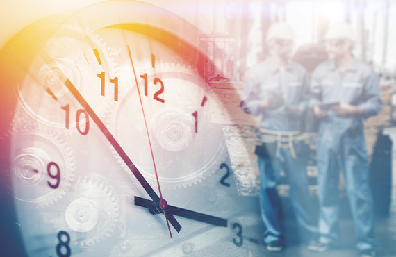 Clock with workers ensuring uptime.