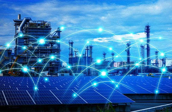 Solar panels connected to a network, symbolizing cybersecurity advancements in the manufacturing industry.