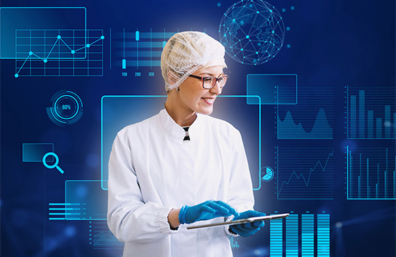A pharmaceutical employee with tablet and MMS system setting background.