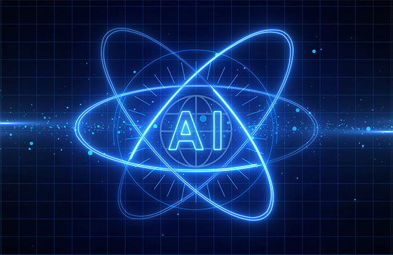 Graphic displays AI letters surrounded by nuclear energy atomic circles and floating particles