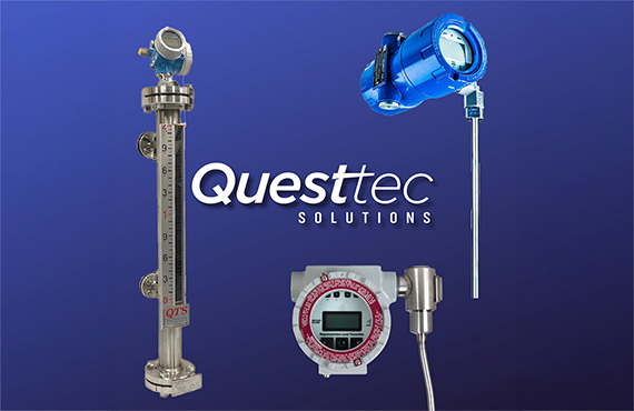Image displays Questtec Solutions liquid level measurement products and logo on a blue gradient background