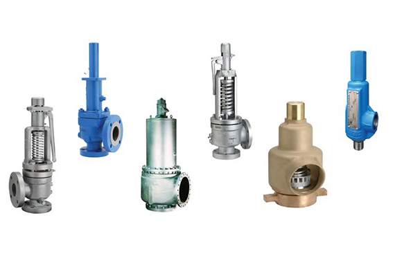 A variety of Crosby pressure relief valves displayed on a white background