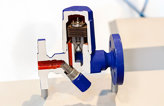 Cross-section of a thermodynamic steam trap on a valve