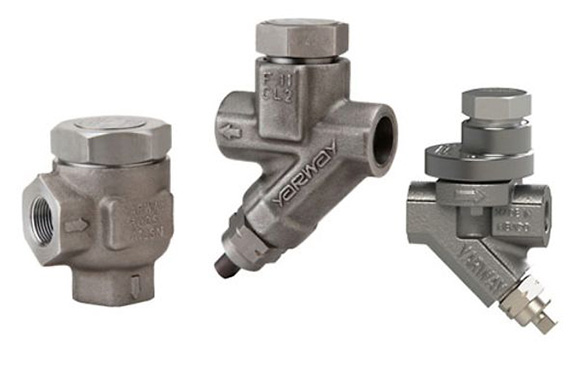 Set of 3 different Yarway Steam Traps on a white background