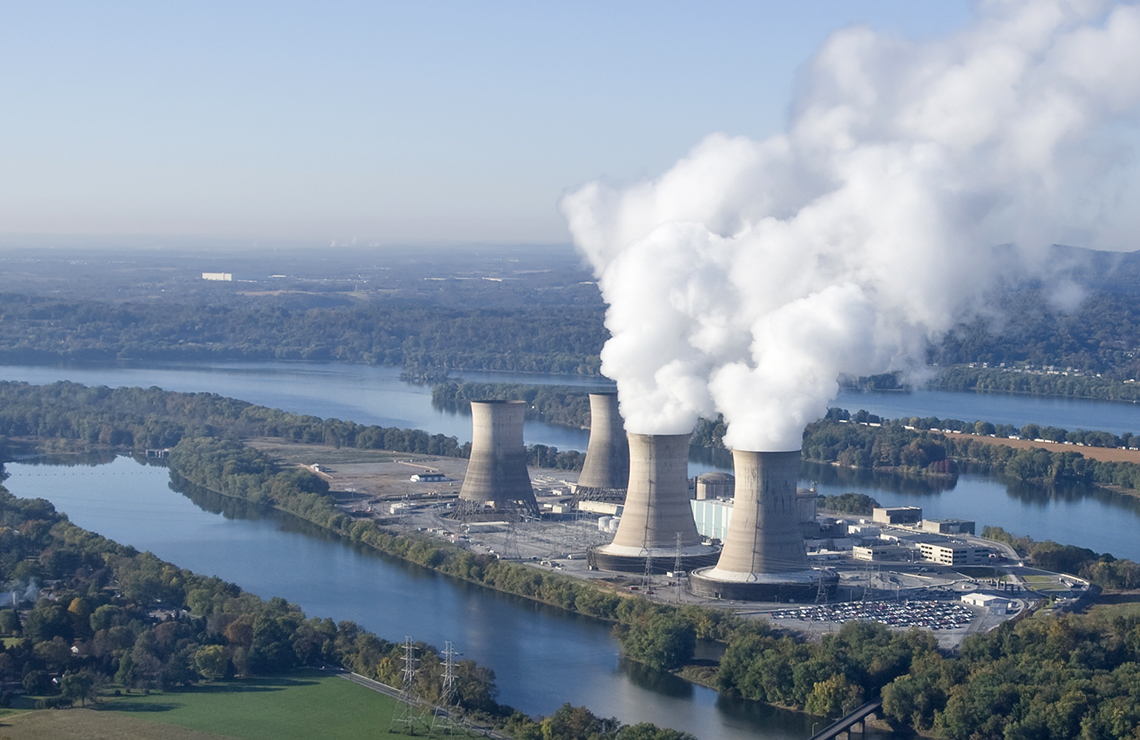 Aerial-photo-of-Three-Mile-Island-in-operation-near-harrisburg-pennsylvania Entrance of Three Mile Island nuclear power plant near Harrisburg, PA