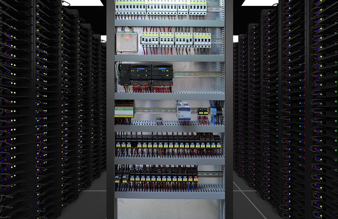 Cabinet full of PLCs in a server room
