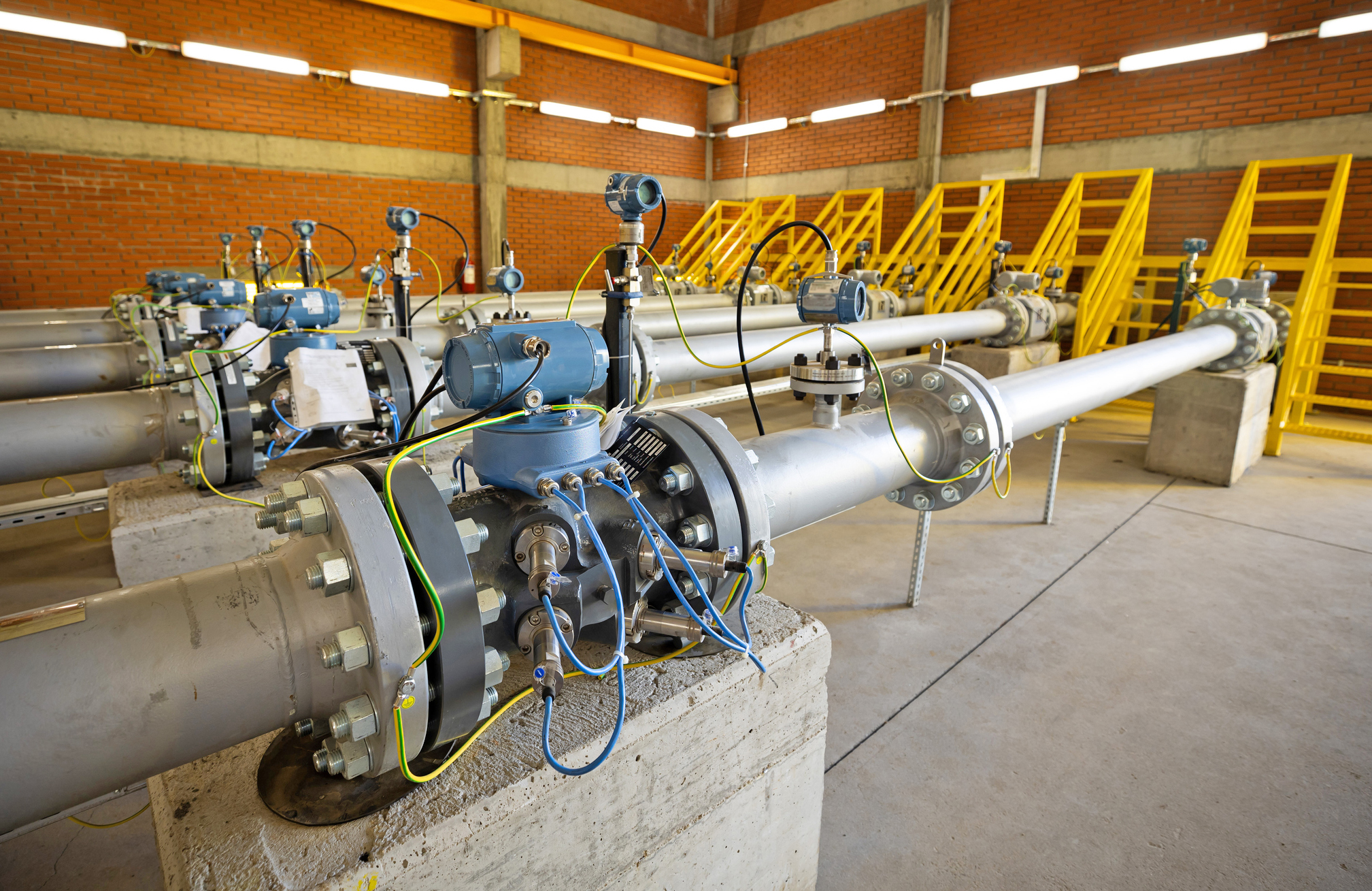 Gas pressure regulators installed on a set of pipelines inside of a facility
