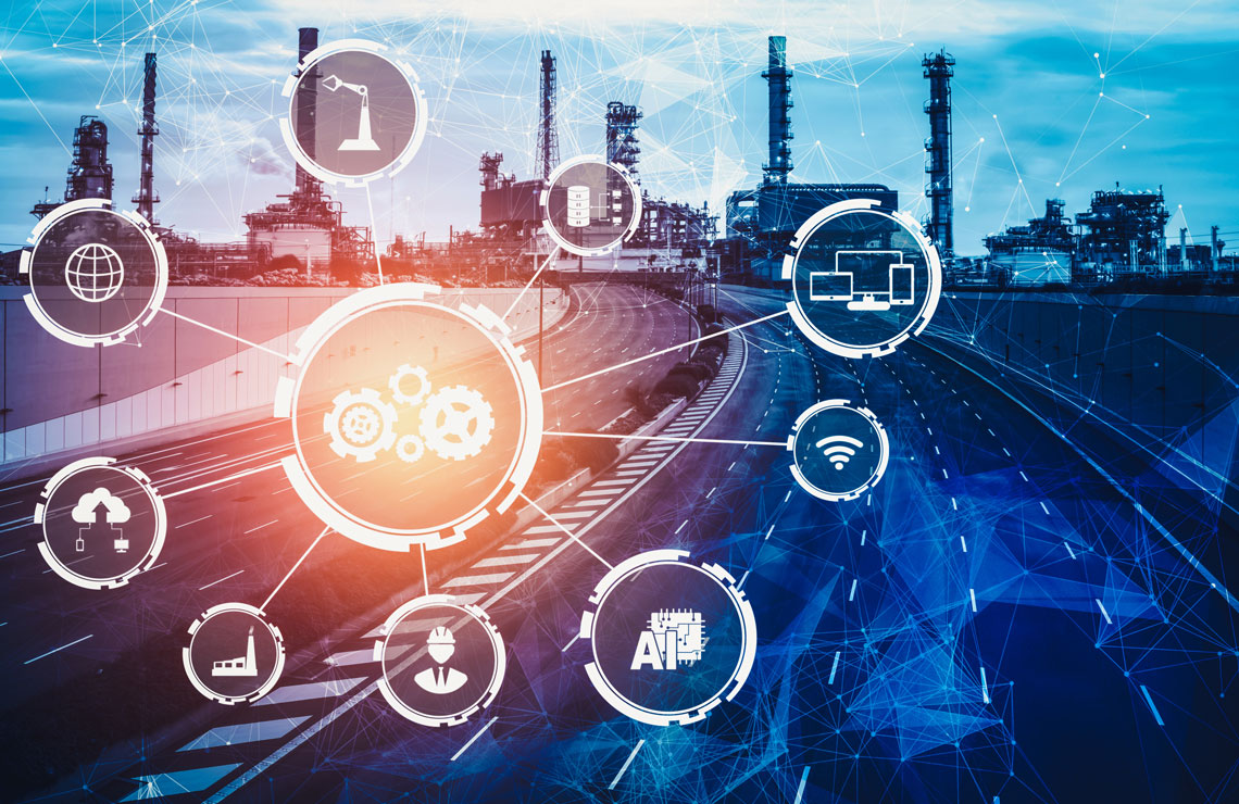 Graphic displaying connected icons for smart manufacturing