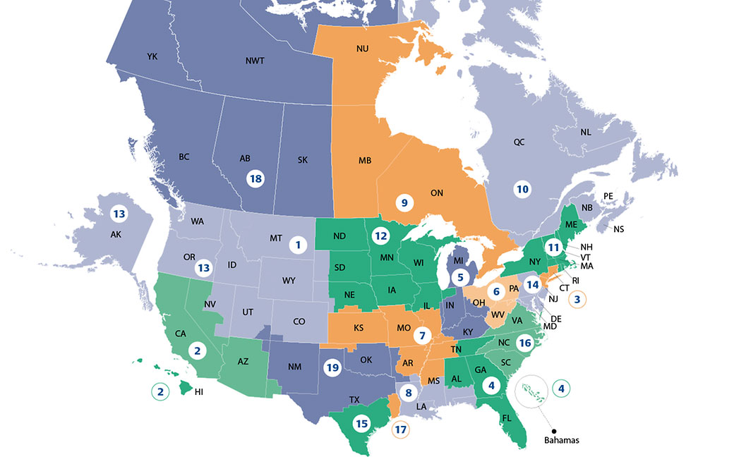 Map of North America with Emerson Impact Partner regions displayed