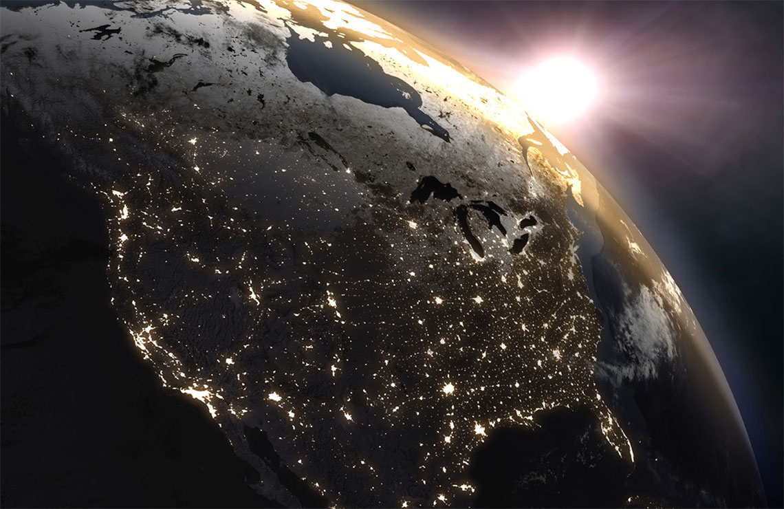 View of North America at sunrise from space