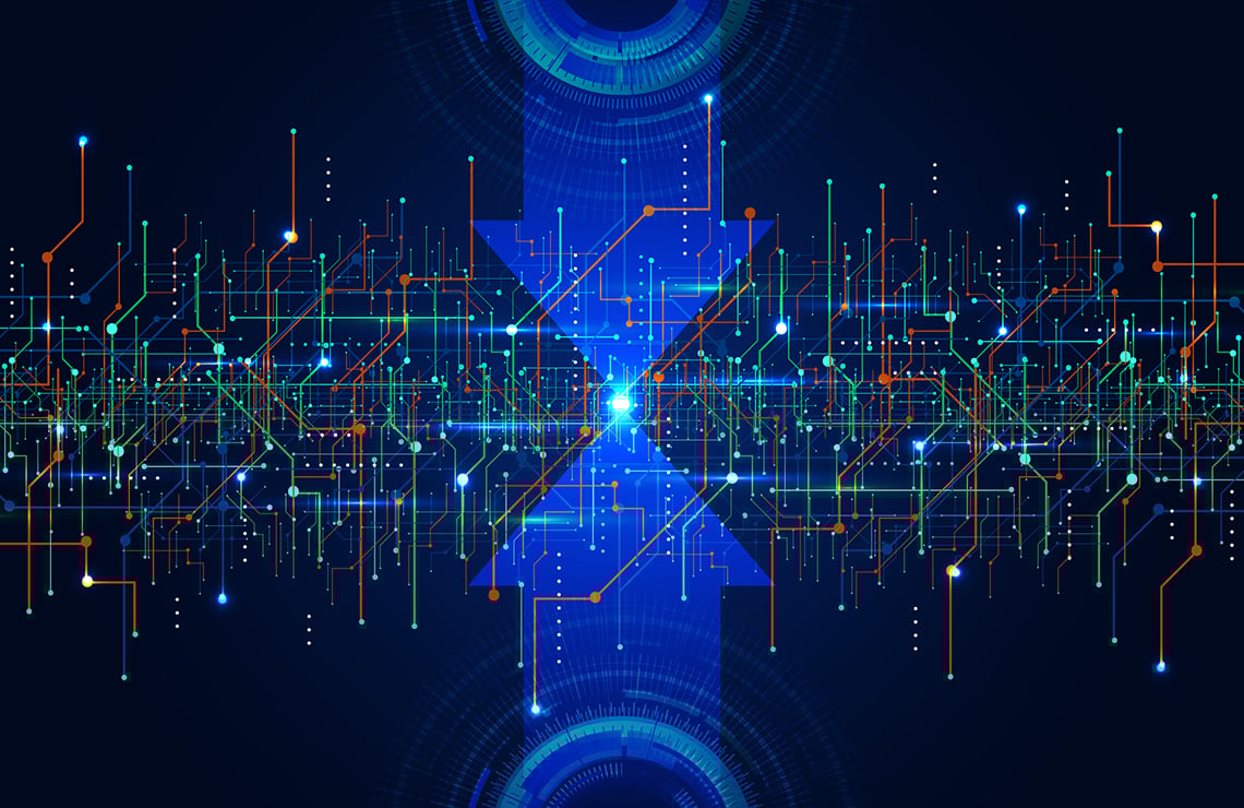 Digital twin software shown as an abstract circuit board