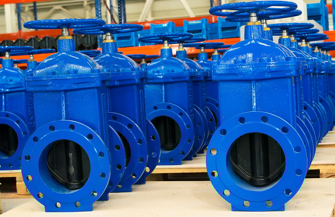 New control valves lined up in a warehouse