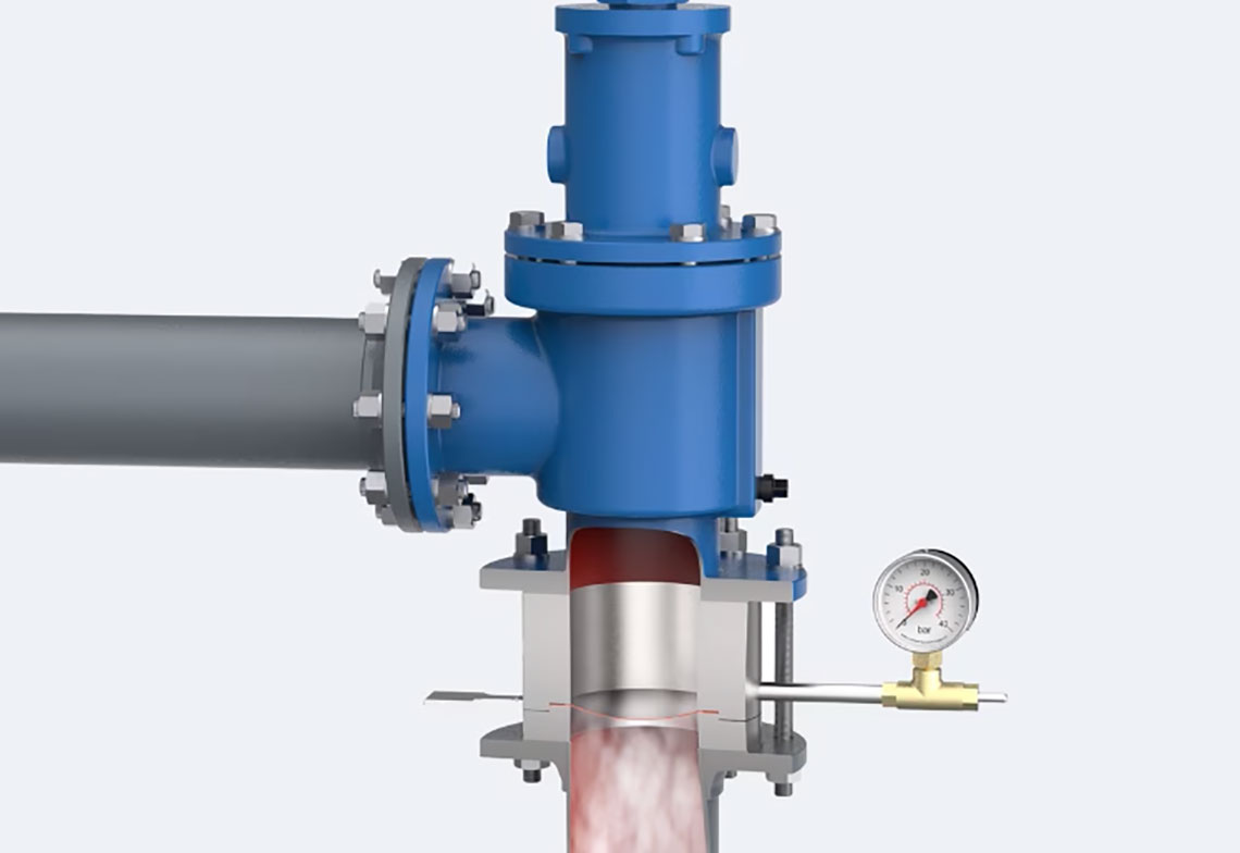 Image displays a cross section of a pressure relief valve with a FIKE rupture disc installed.
